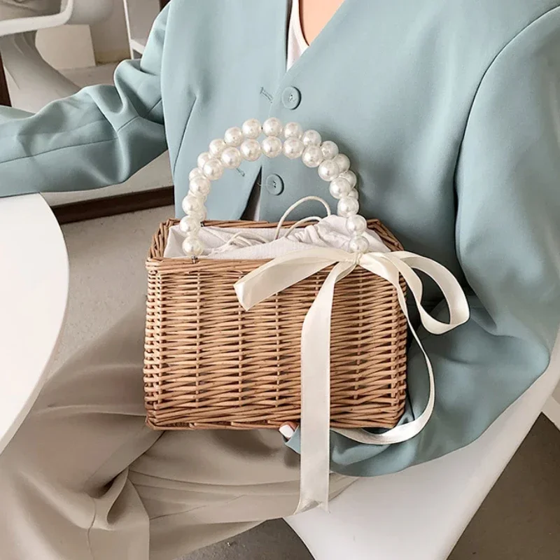 Straw Bags for Women Square Handbags Summer Rattan Shoulder Bags Handmade Knitted Storge Small Totes Bag 2024 New Fashion