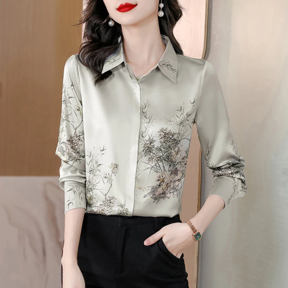 Fashion Printed Ladies Shirts Elegant Satin Women's Blouses Spring Summer Autumn Long Sleeve Casual Tops Femme Blusas Mujer