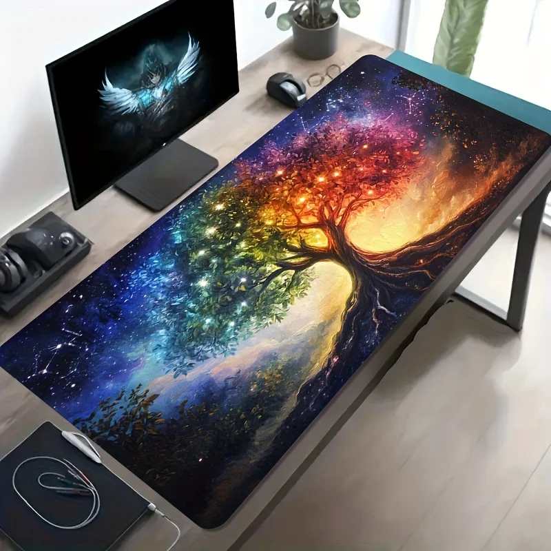 Gaming Mouse Pad Extra Large Colorful Glowing Tree Under Stars Non Slip Washable Rubber Base Dirt Resistant Stylish Large Desk M