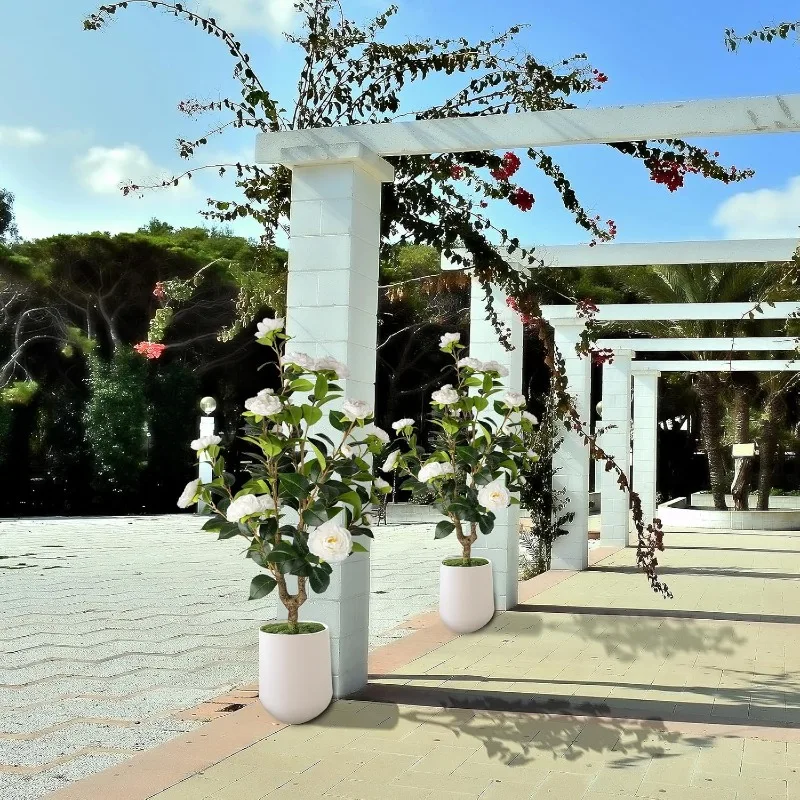 شجرة الكاميليا الاصطناعية 2 عبوة - نباتات الكاميليا الواقعية في وعاء مع زهور بيضاء، خضرة صناعية نابضة بالحياة لغرفة المعيشة، P