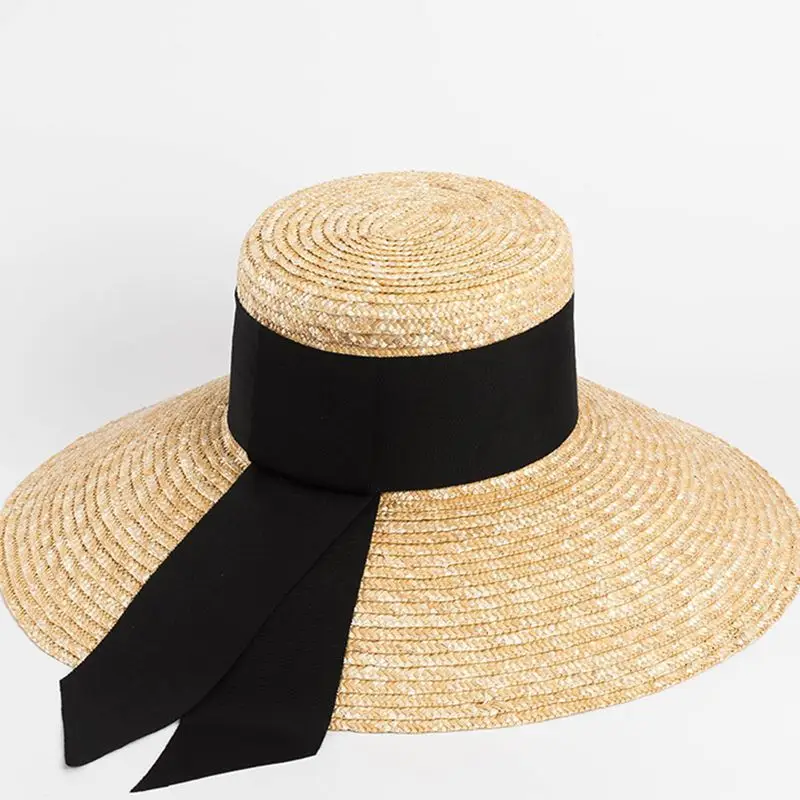 Sombrero de paja de playa para mujer, sombrero para el sol, con lazo, plano, de ala grande, para vacaciones, verano, 2024