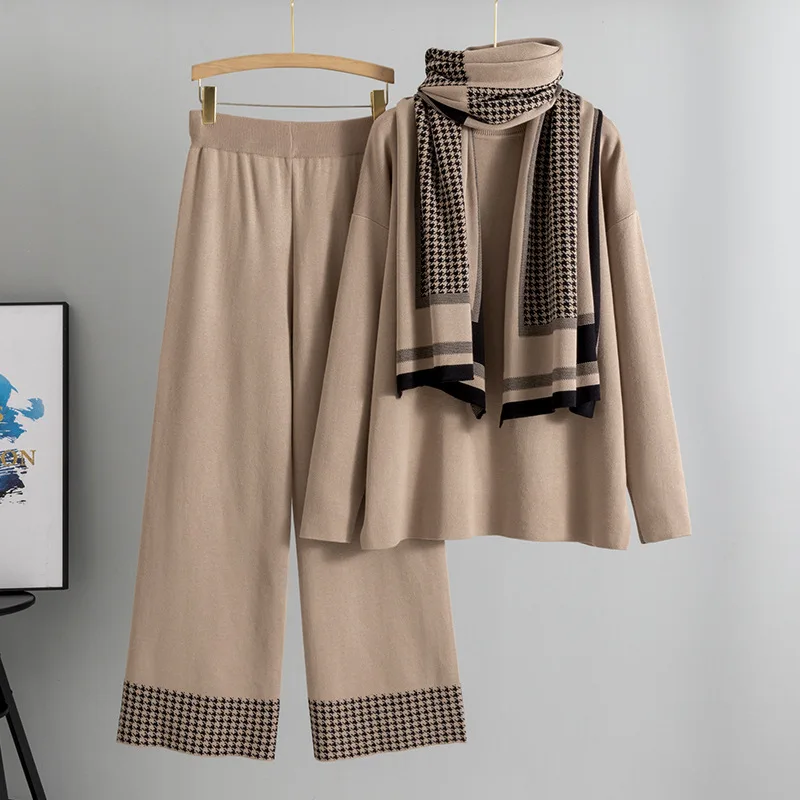 

Fashion Temperament Shawl Turtleneck Sweater Loose Wide-leg Pants Three-piece Set