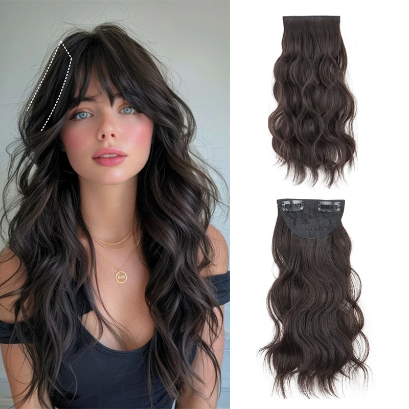 

1PC Synthetic Water Wave Two-clip Hair Extension Clip On Hair Naturally Curly Black Hair Piece For Woman's