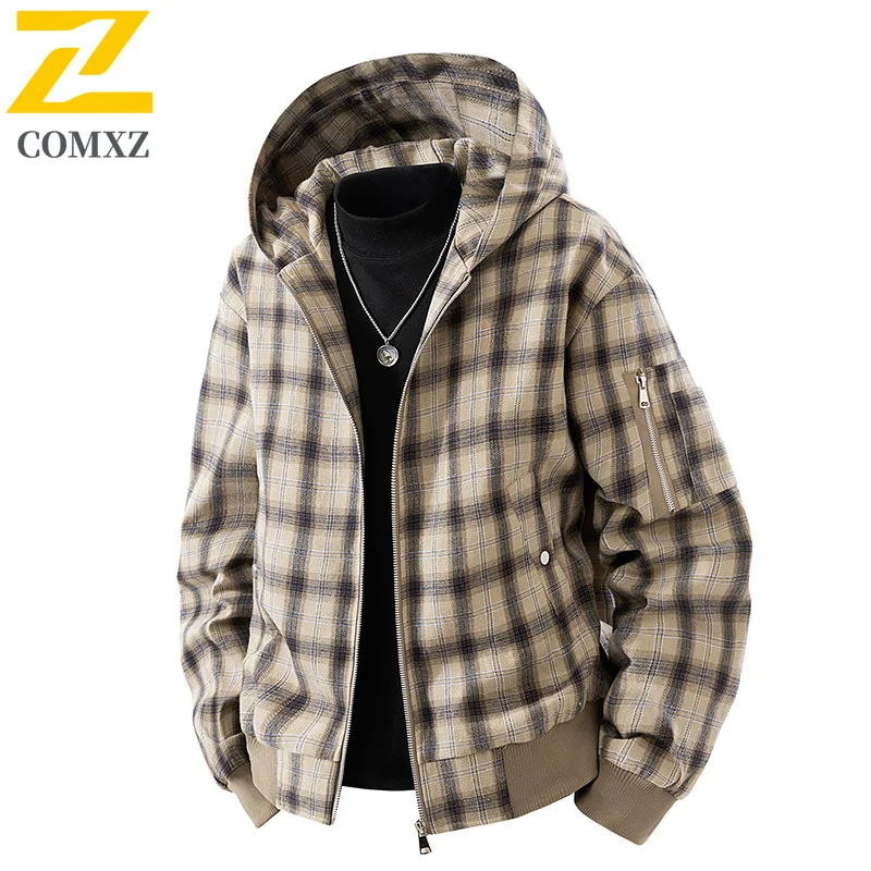 

COMXZ клетчатая полосатая куртка для мужчин 2025 модное универсальное удобное дышащее пальто с капюшоном уличная повседневная свободная ветровка на молнии