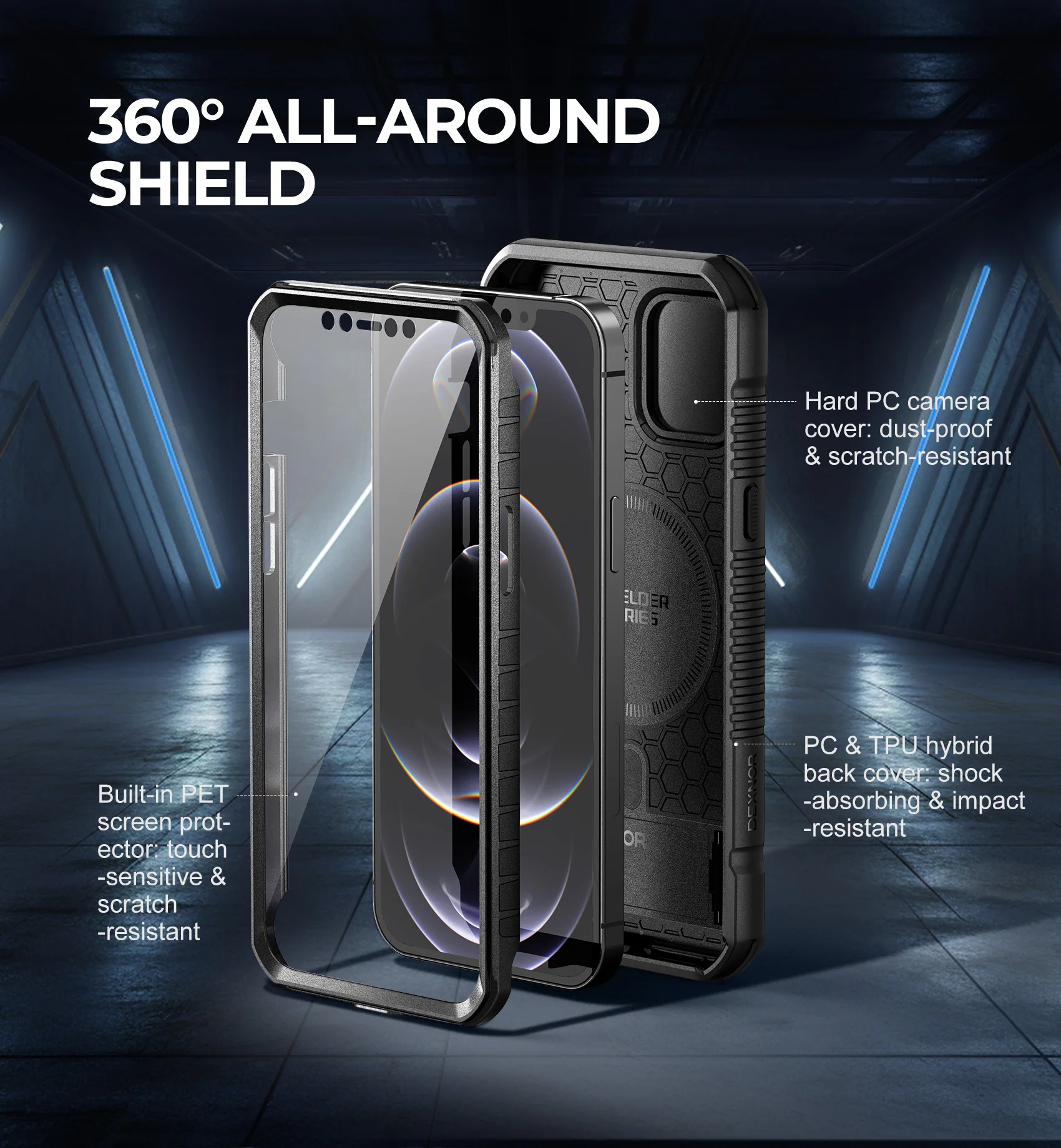 For iPhone 12 Pro Max Case 360 Full Body Rugged Armor Shockproof Case with Camera Cover and Built-in Screen Protector Kickstand