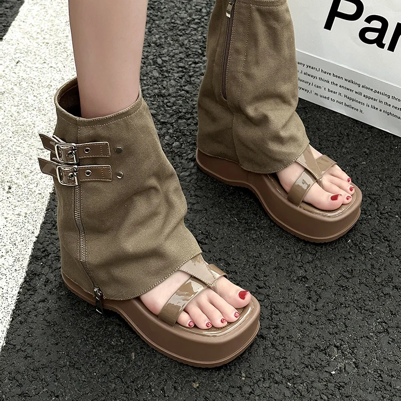 

Thick Bottom Ankle Boots Women's Summer Denim Short Boots Fashion Sensation Small Audience Pant Booties Toe Post Sandals