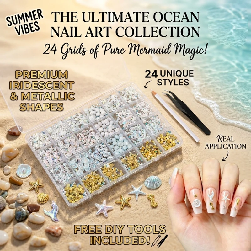 

24-Grid Ocean Style Nail Art Set with Iridescent Shells Sea Stars Pearls Mixed DIY Charms Rhinestones for Nail Decoration