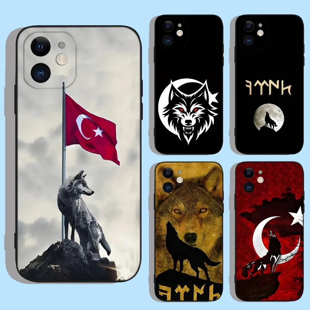 Turk Wolf Turkey Flag Phone Case For iPhone 16,15,14,13,12,11,XS,XR,X,8,7,Pro,Max,Plus,mini Silicone Black Cover