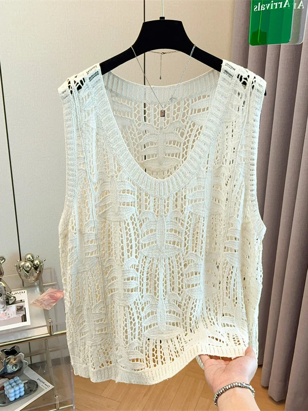 

Lace Hollow out Loose Fit Svel Hooded Vest Thin Summer Top for plus Size Women Casual Sle Cotton Blend Vest
