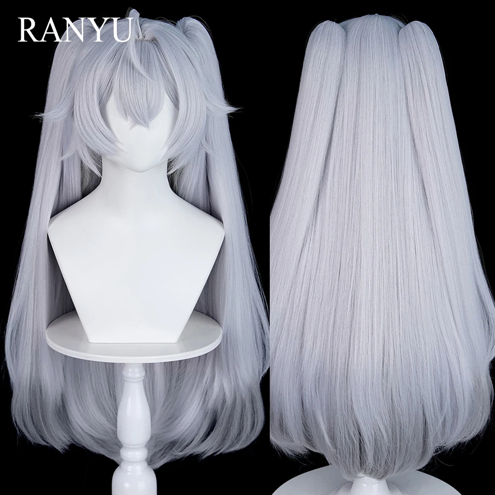Silver Ombre Grey Long Straight Synthetic Long Straight Wigs Double Ponytail Clip Anime Game Cosplay Wig for Daily Party