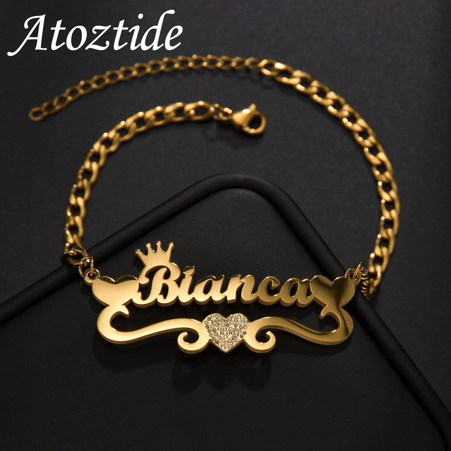 Atoztide Personalized Custom Name Bracelet Stainless Steel For Men Women Zircon Heart Letter Link Chain Birthday Jewelry Gift