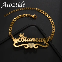 Atoztide-Pulseira Personalizada com Nome Personalizado para Homens e Mulheres, Aço Inoxidável, Zircão Coração Letra Link Chain, Presente de Aniversário Jóias