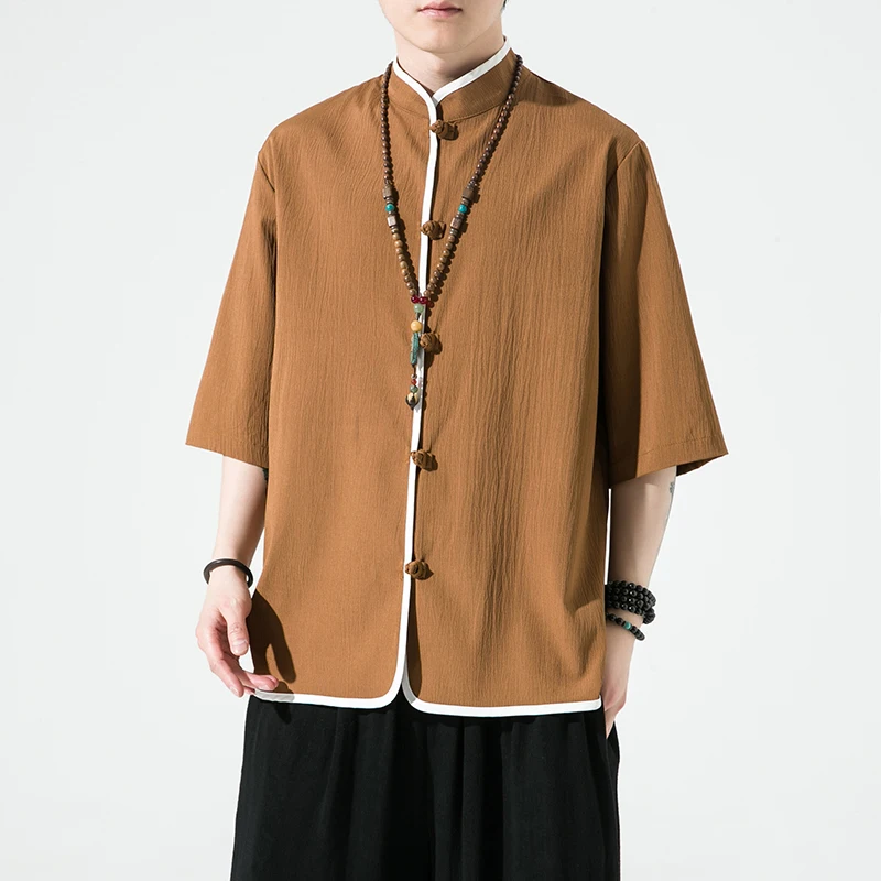 สไตล์จีน Hanfu เสื้อผู้ชายสีทึบครึ่งแขนเสื้อลําลองแฟชั่นคอหลวมเดี่ยว Breasted Tops Man