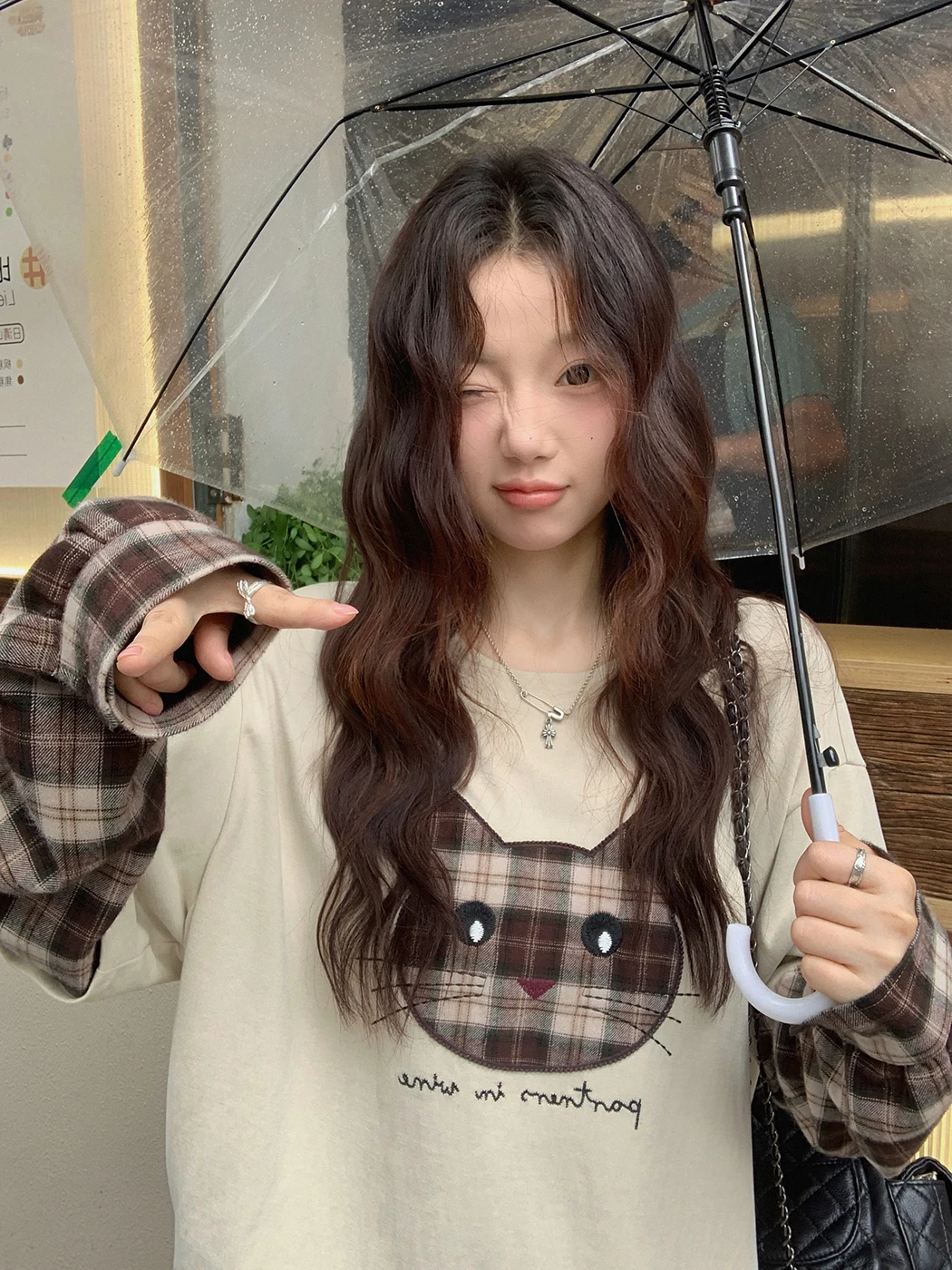 

Ibell Zhang High Densi, хлопковая футболка с рисунком в стиле пэчворк, длинная све, круглая футболка Ne, классический женский повседневный топ в клетку