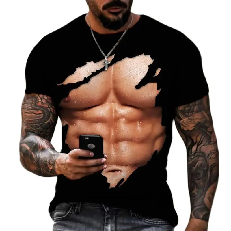 Summer Fashion Men\'s 3D Printed Muscle T-Shirt Casual Personality Harajuku High Quality High Street Tough Guy O-neck Loose Top