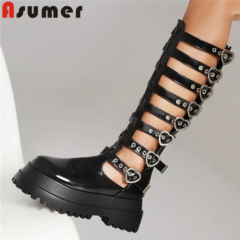 

ASUMER 2023 New Buckle Microfiber Knee High Boots Fashion Ladies Motorcycle Boots Chunky Heels Platform Summer Boots