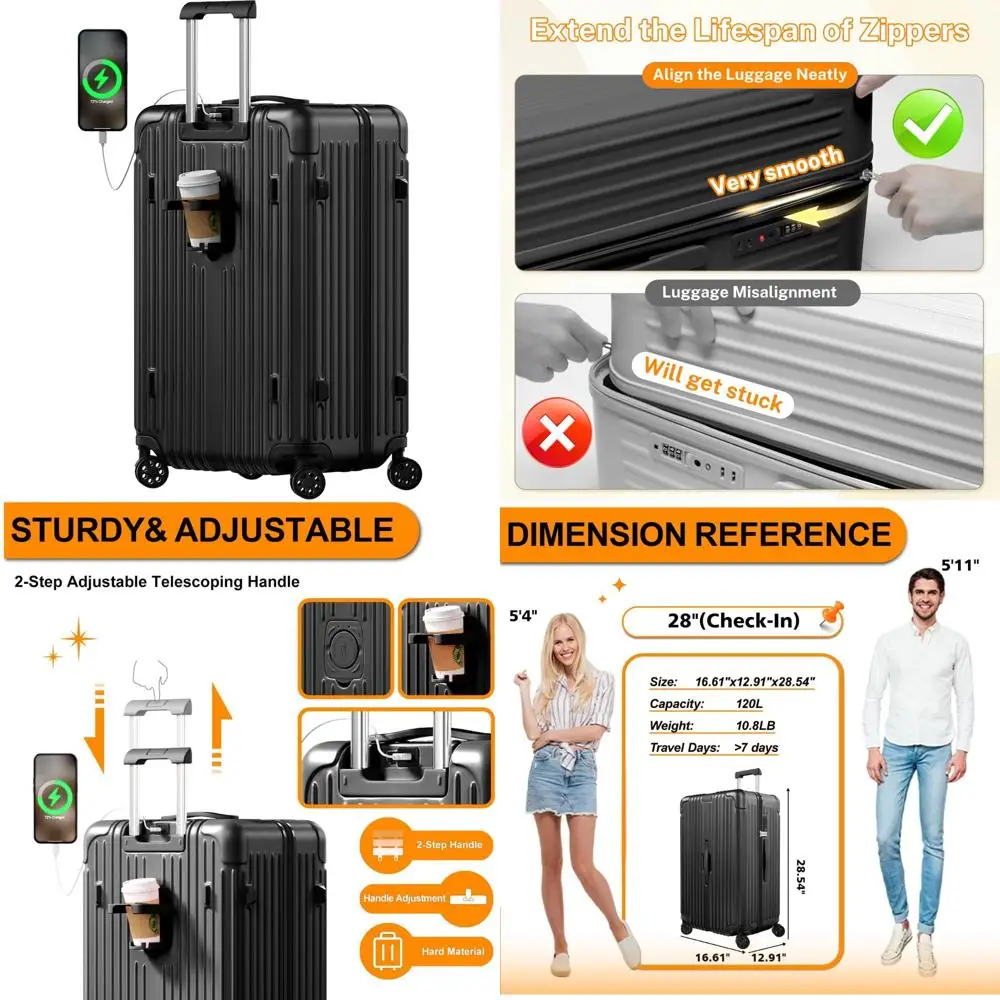 

Чемодан с двойным колесом и USB-портом и подстаканником, замком TSA, твердой поверхностью из ПК + АБС-пластика, 28-дюймовый чемодан для путешествий