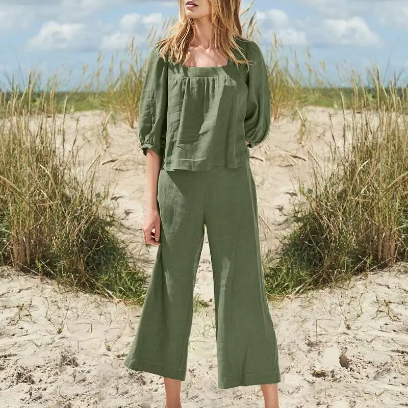 Women's Two-piece Solid Color Square Neck Cotton Linen Casual Long Sleeved Loose Pants Set 2024