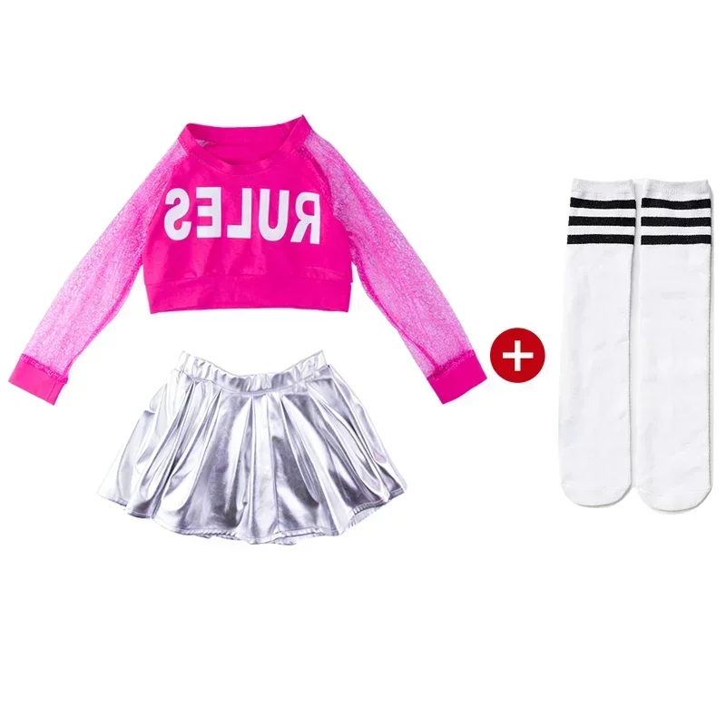 

Holiday Performance Clothes 2 Pcs Pink Silver Color K-pop Outfits Urban Dance Children Clothes Hip-hop Girls Jazz Dance