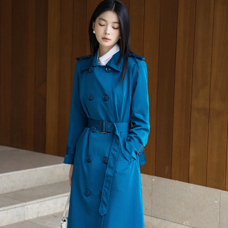 

French Style Women Double Breasted Buttons Elegant Blue Long Trench Coat , 2024 New Woman Spring Fall Coats