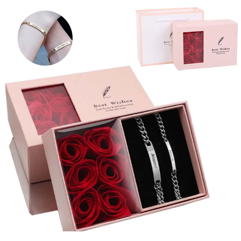 

Customized Name Bracelet Gift Set Eternal Roses Jewelry Box for Couples Wife Anniversary Birthday Gifts Supports Dropshipping