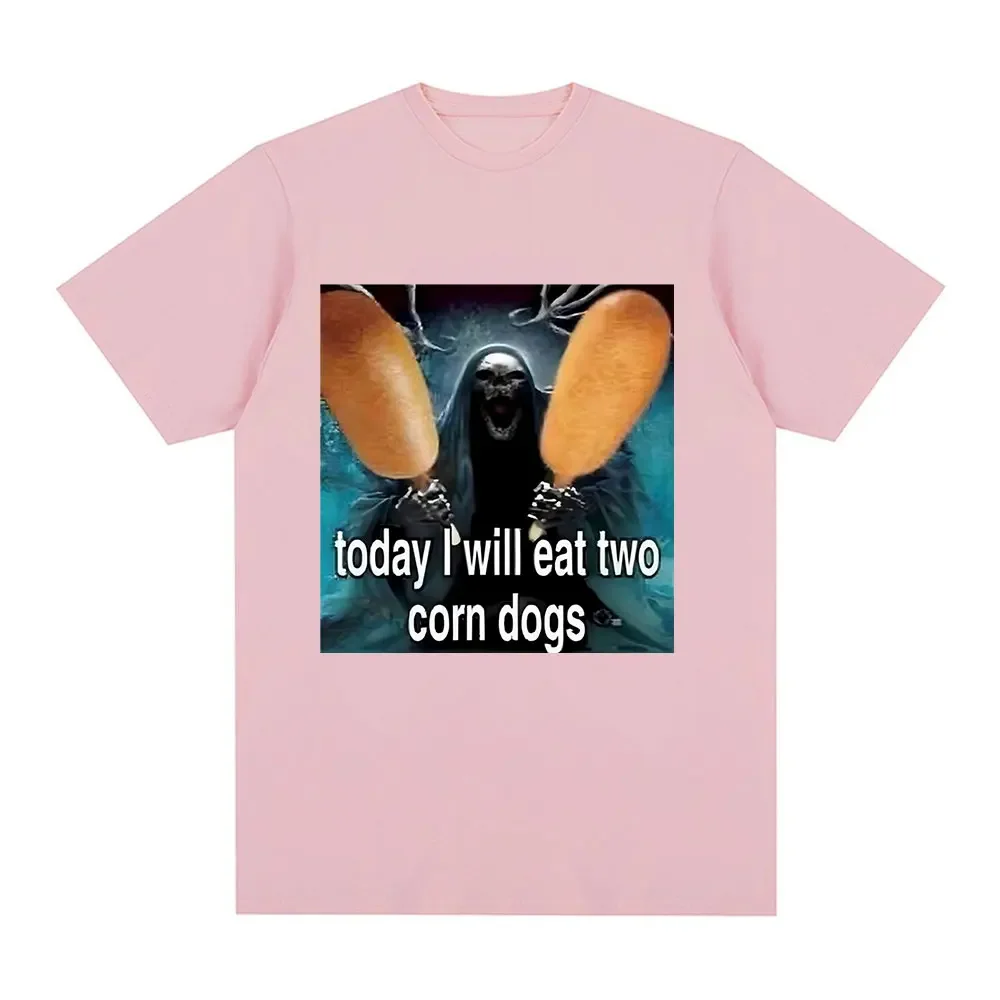 Today I Will Eat Two Corndogs Graphic T-Shirt Skeleton Meme Men\'s Vintage Gothic Short Sleeve T-shirts Cotton Oversized T Shirts