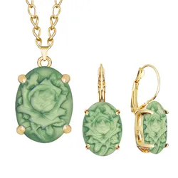 Green Flower Cameo Necklace Earrings Sets For Women Gold Color Oval Claw Pendant Fashion Jewelry