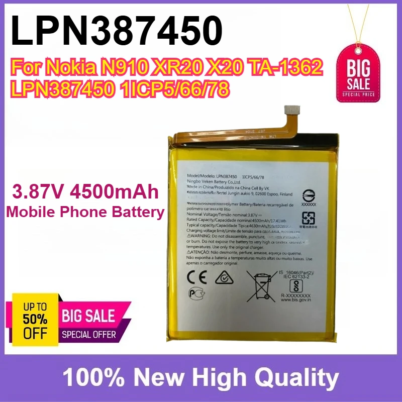

New LPN387450 Replacement Mobile Phone Battery 3.87V 4500mAh 17.41Wh For Nokia N910 XR20 X20 TA-1362 LPN387450 1ICP5/66/78