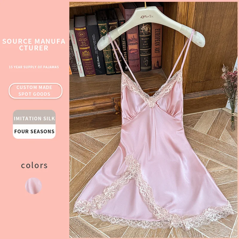 Summer Sexy Women's Imitation Silk Suspender V-Neck Sexy Dress Sleeveless Lace Edge Bathrobe Pink Thin Comfortable Home Wear