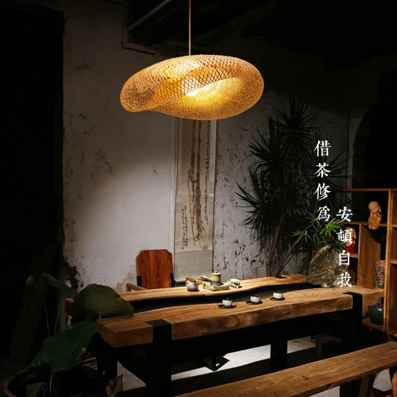 Modern Bamboo Weaving Wabi Sabi Style Zen Style LED Pendant Light Living Room Study Homestay Dining Retro Lighting Decoration