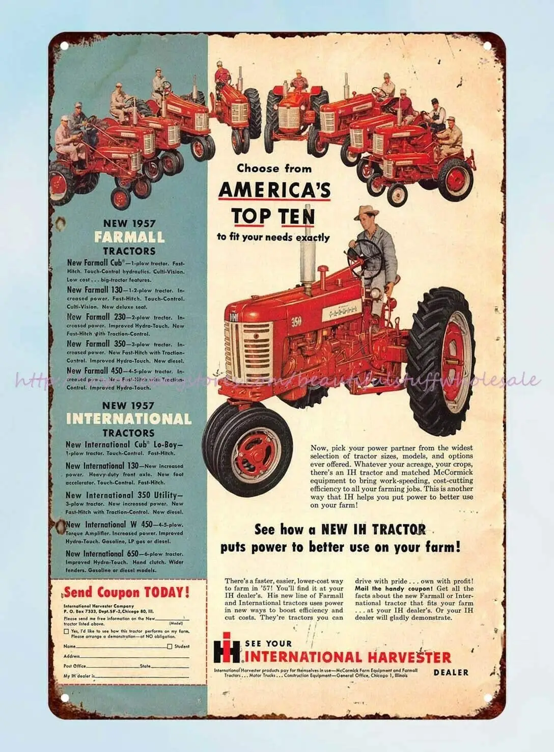 AMELIA SHARPE Vintage Tin Signs International Harvester 1957 Farmall Tractor Metal tin Logo Interesting Wall Decoration 12“ X 8”