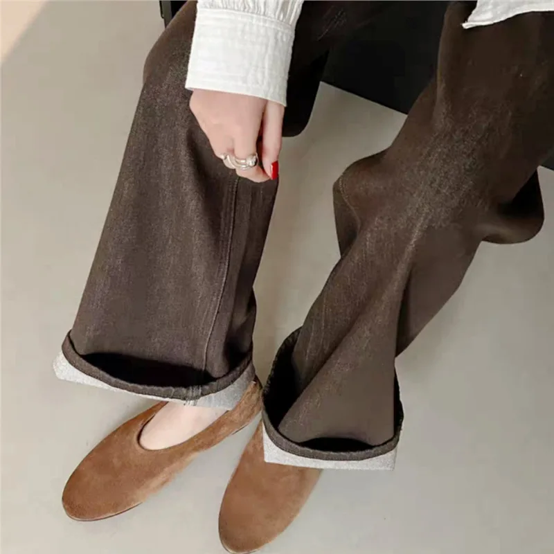 Withered Minimalist Genuine Leather Women's Shoes Retro British Style Cow Suede Round Toe Flat Ballet Shoes Women's Casual Shoes
