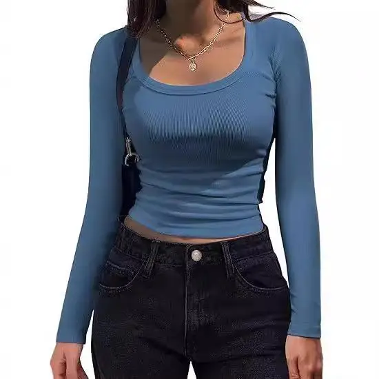 تي شيرت نسائي بقصة ضيقة مخطط طويل Sve Square irt كاجوال من مزيج البوليستر مع تصميم لصق لموسم الربيع #3