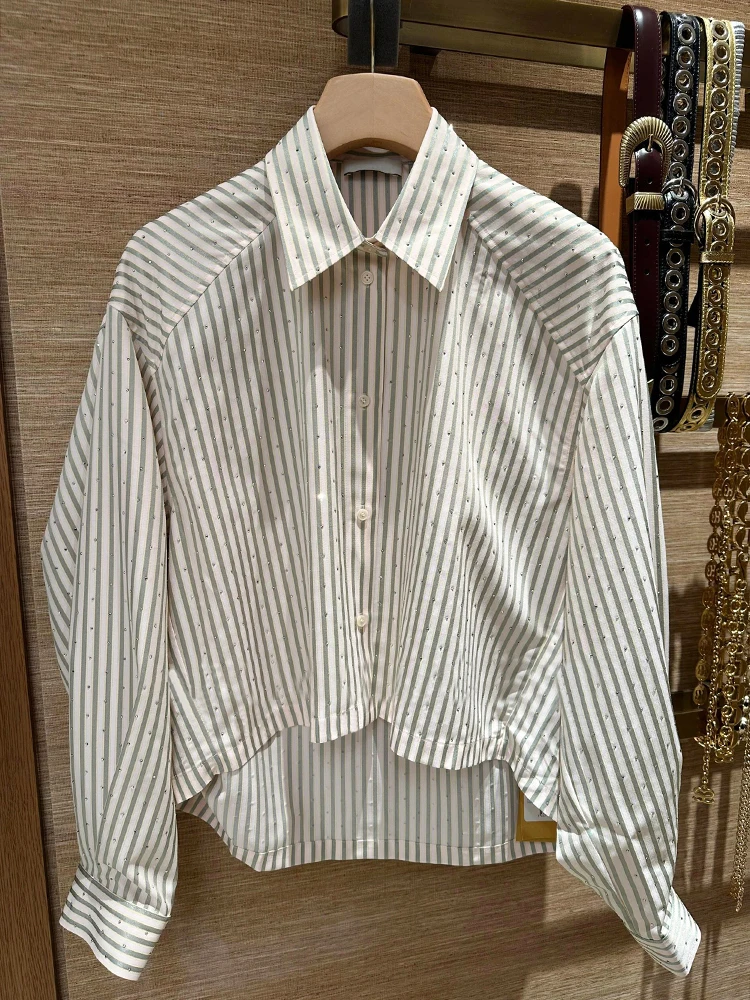 

S Home South Oil High End European Sle Women's Spring College Sle Striped Rhinestone irt Top Polyester Fiber Long Sve