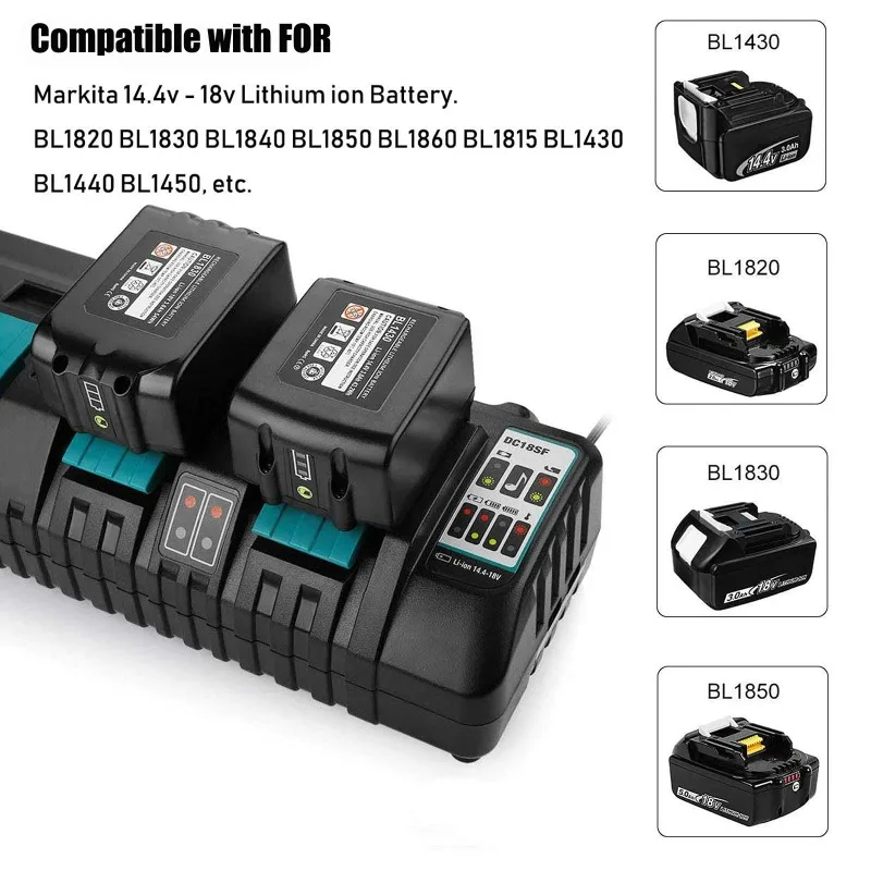 

Lithium Battery Fast Charger Compatible with For Makita 18V Lithium Batteries DC18SF 4-port Charging Station with 2 USB-A Ports