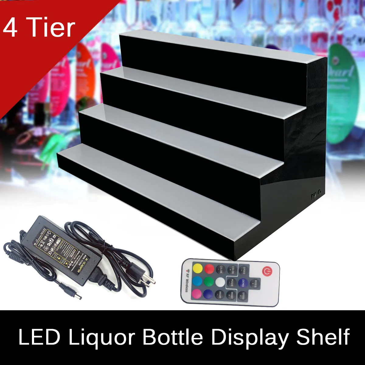 

31" LED Display Shelf with 7 Preset Color LED Liquor Bottle Display Stand 2/3/4 Step