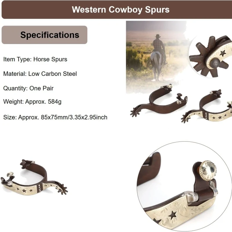 1 Pair Riding Boot Spurs Western Carbon Steel Cowboy Spurs Gear for Equestrian Western Cowboy Spurs with Turnable Gear for Horse