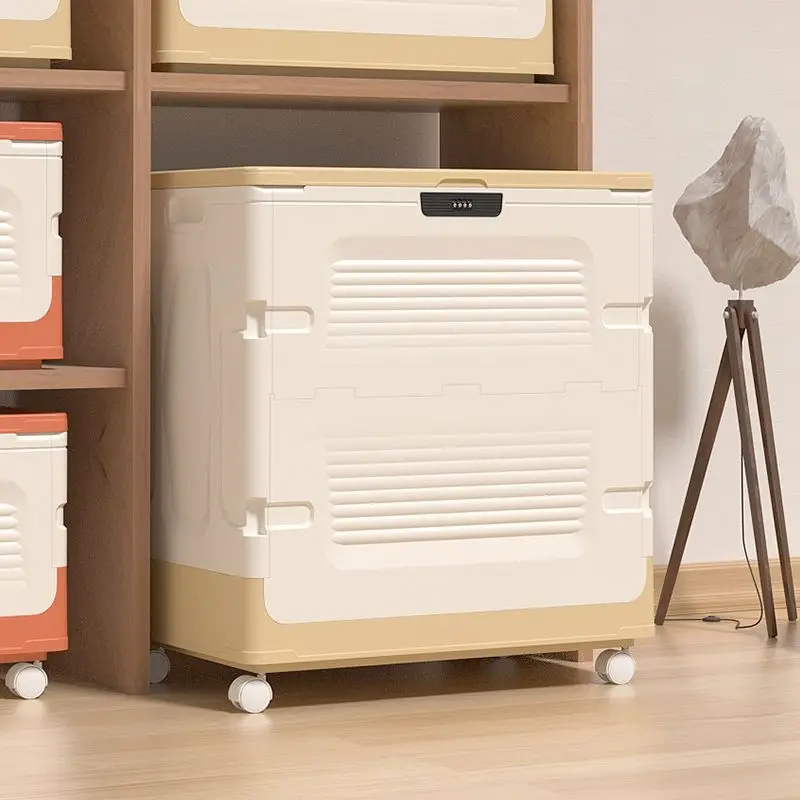 Foldable Storage Box With Wheels, Beige & White Plastic Stackable Storage Bin With Lock, Large Capacity Collapsible Storage