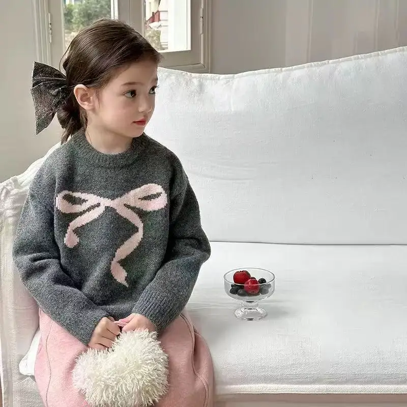 

Winter Girls Sweater Sweet Bow Thickened Knitted Sweater for Kids Warm Children Pullovers Teenager Sweatshirts Baby Outfits