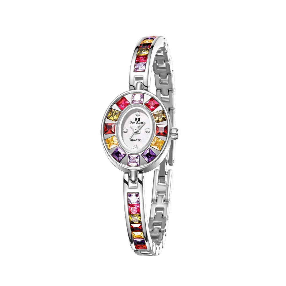 Reloj de pulsera de cuarzo de lujo para mujer, relojes de pulsera de plata pequeños con diamantes de imitación de colores, regalos para mujer