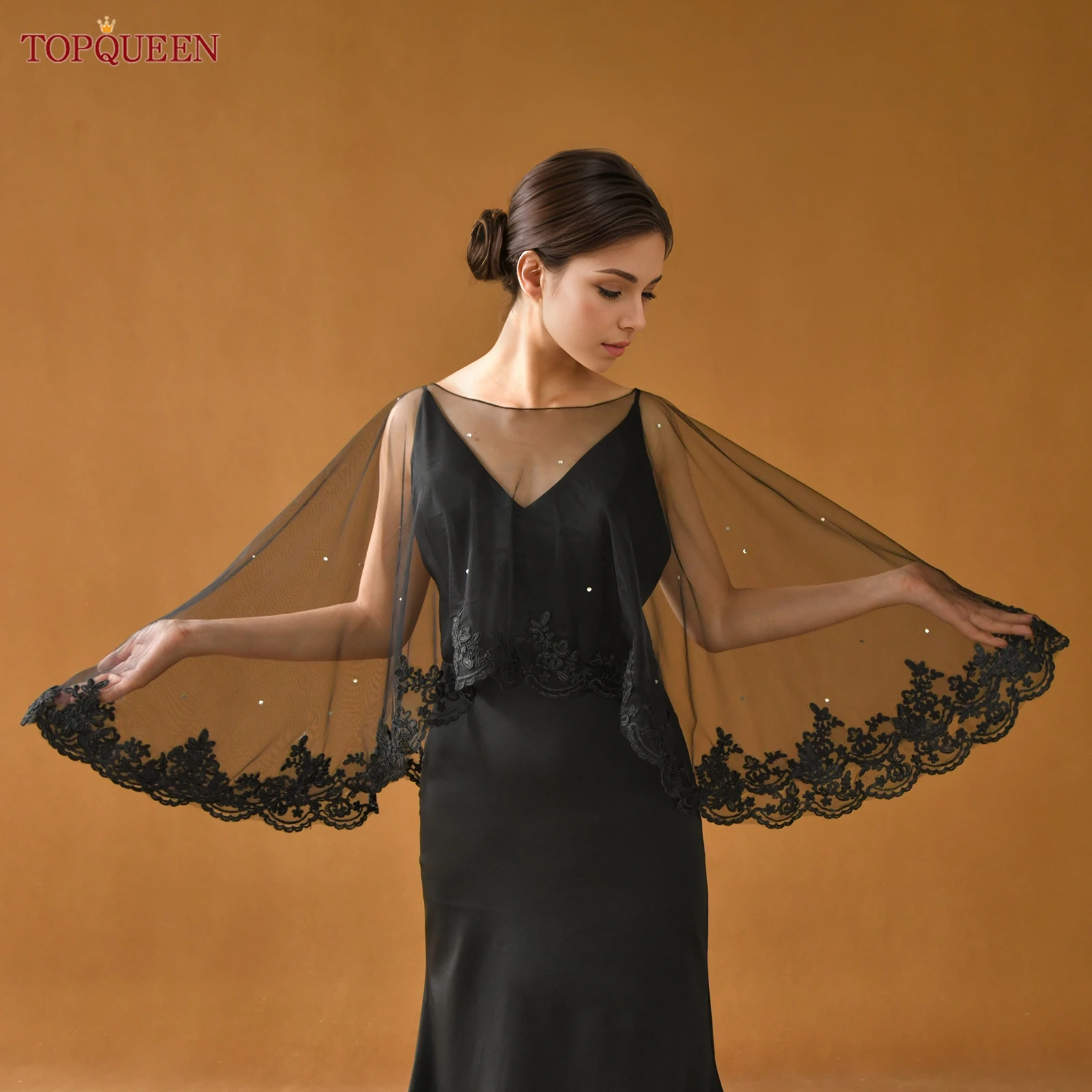 

TOPQUEEN черная кружевная свадебная шаль с вышивкой и ромбовидным круглым вырезом, короткий топ для женщин, пуловер для девичника MG08