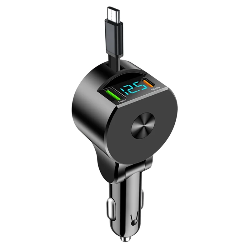 AU61-Digital Display Retractable Cable Car Charger Supports PD30W Fast Charging Super Fast Charging 3-In-1