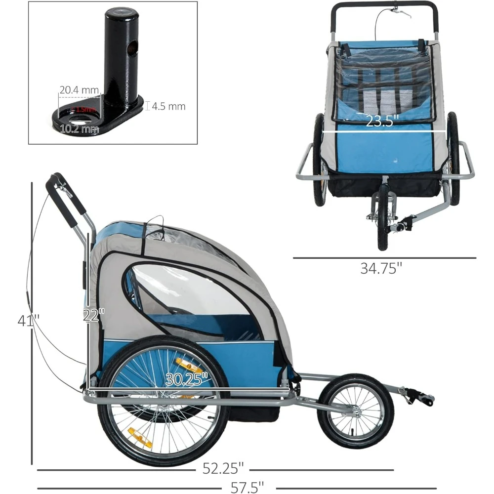 Elite driewielige fietskar voor kinderen Fietswagen voor twee kinderen met 2 veiligheidsharnasjes en opbergwagen voor huisdieren