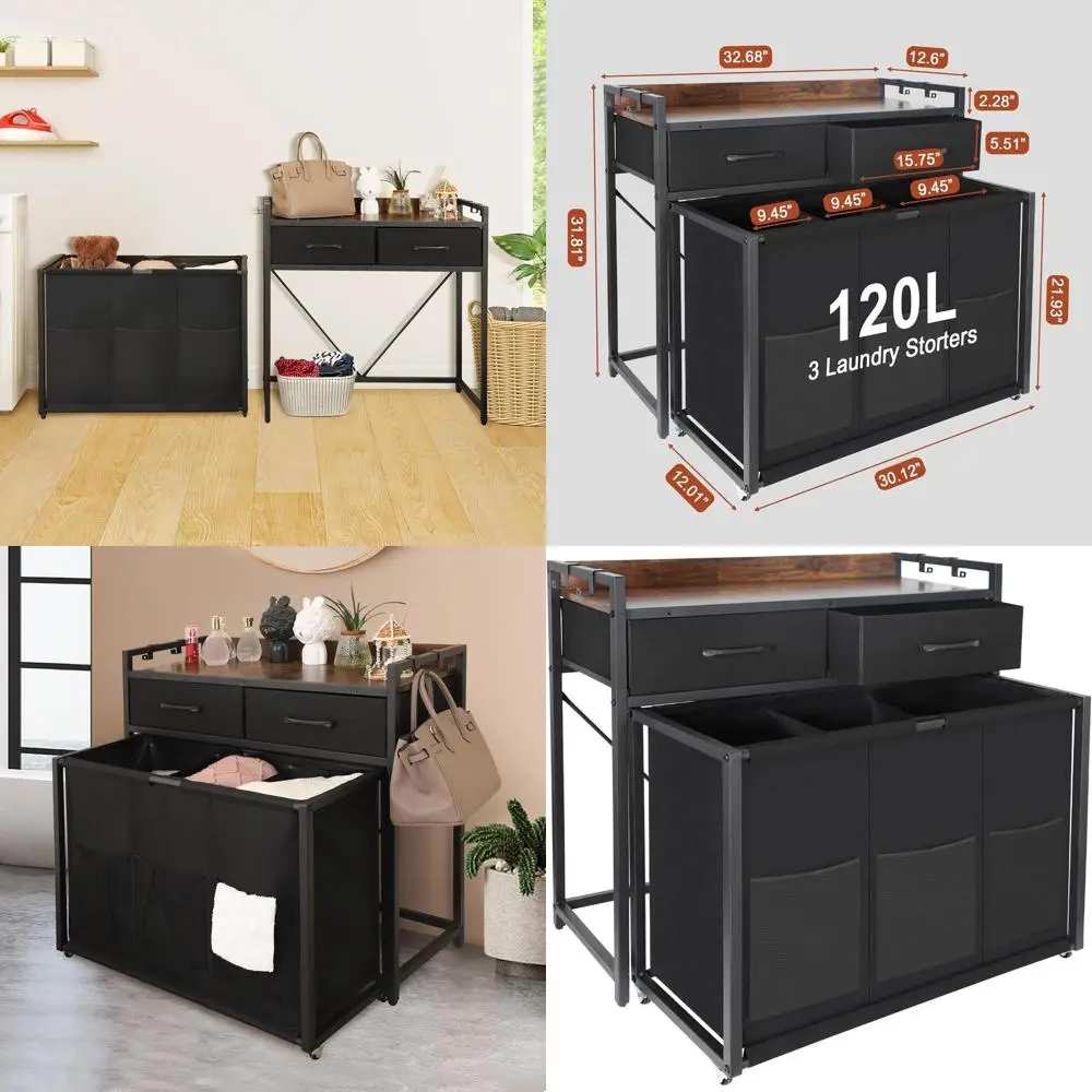 

3-Section Rolling Laundry Sorter with Wheels and Storage Shelf - 3 x 120L Capacity Hampers