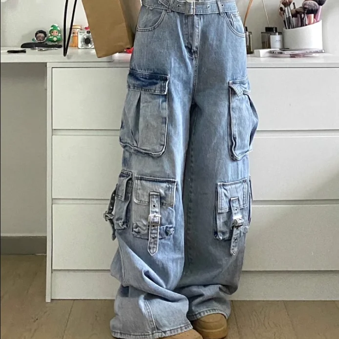 Autumn Winter New Ladies Cargo Jeans  Street Style Baggy Cargo Pants Women Blue Multi-pocket Wide Leg Jeans for Women