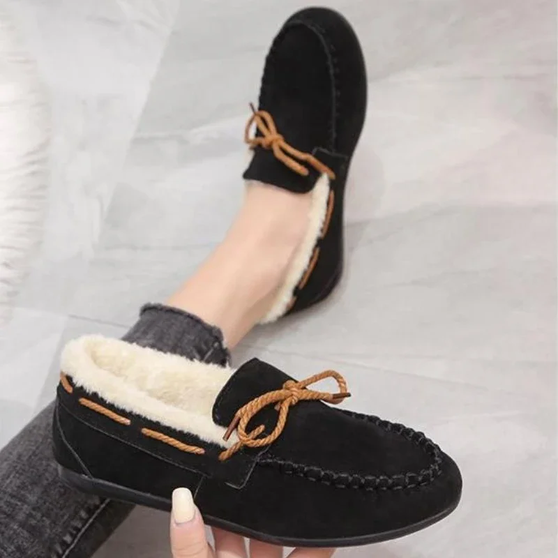 Winter Shoes Women Casual Flat Shoes Women\'s Moccasins Soft Loafers Fashion Comfort Warm Plush Bow Slip on Female Cotton Shoes