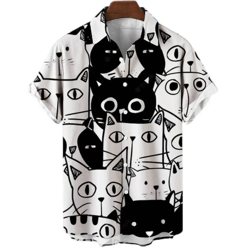 2023 3d Lapel Hawaiian Shirt Man Casual Short Sleeve Anime Shirts Cartoon Men\'s Shirt Summer Men Clothes Street Retro Animal Cat