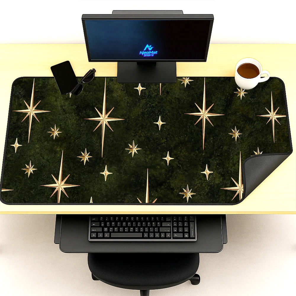 Starry Mouse Mat Deskmat Big 120x60 Gaming Golden Dark Green Mousepad Playmat Stars Background Extra Mousemat Large Computer