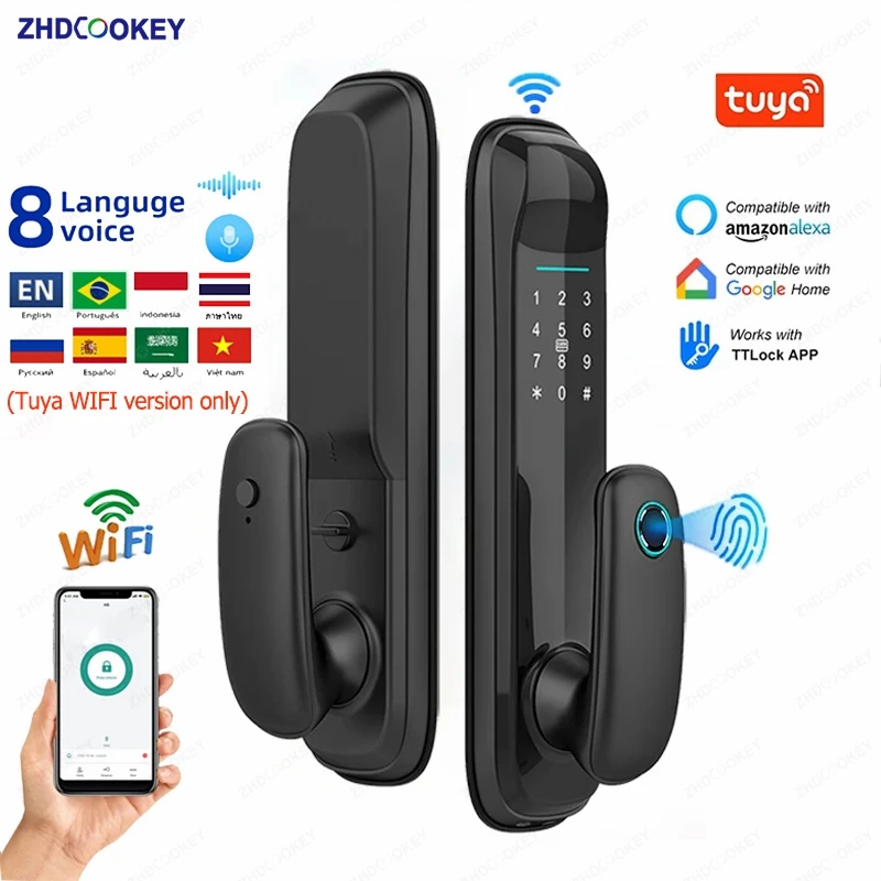 

8 Languages Tuya Wifi Automatic Door Lock Fingerprint/ Password/ RFID Card/ Mechanical Key/ APP Smart Home Electronic Smart Lock