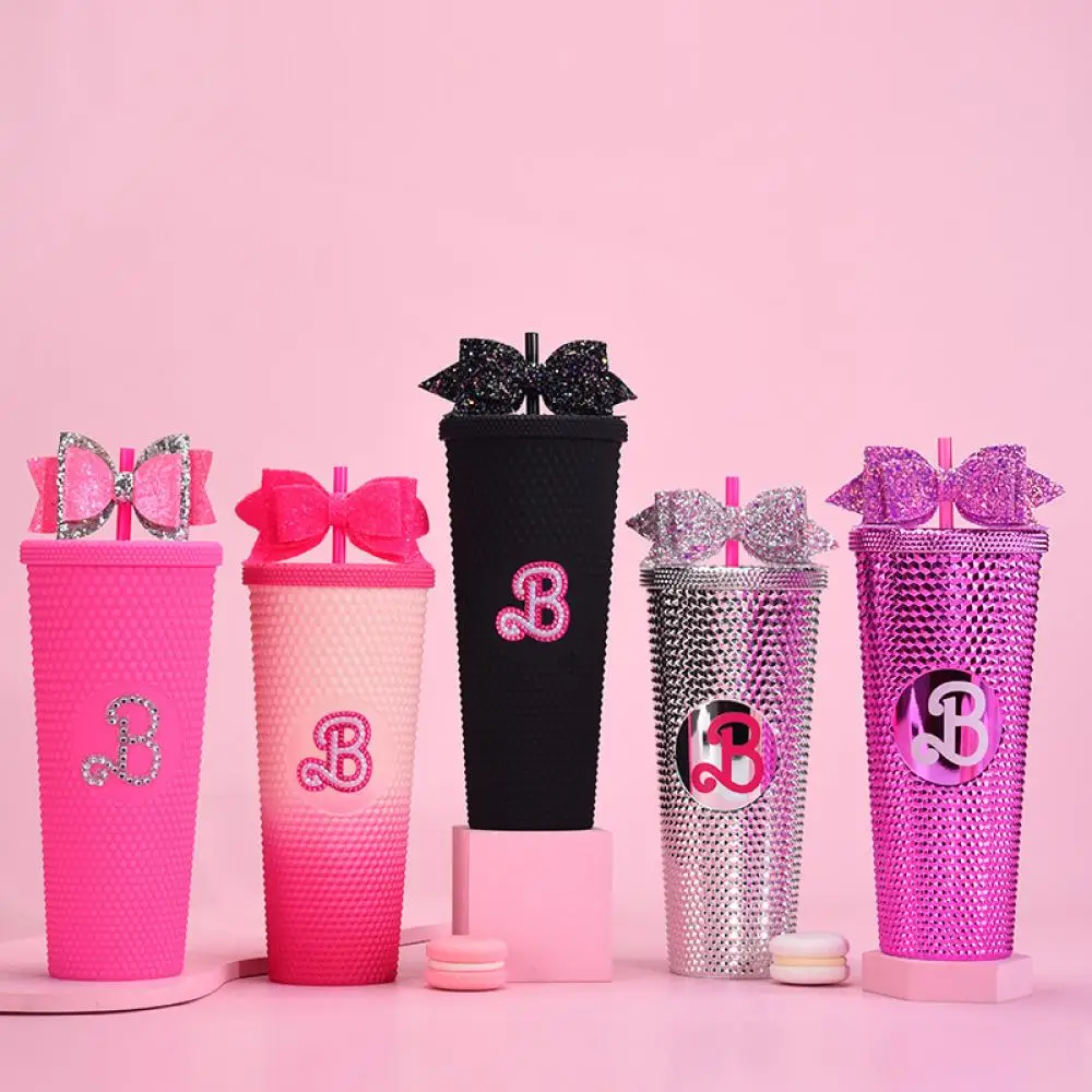 

Barbie Princess Party Diamond Durian Cup with Glitter Bow Plastic Straw Insulated Water Bottle Bling Pink Tumbler for Girl Gifts